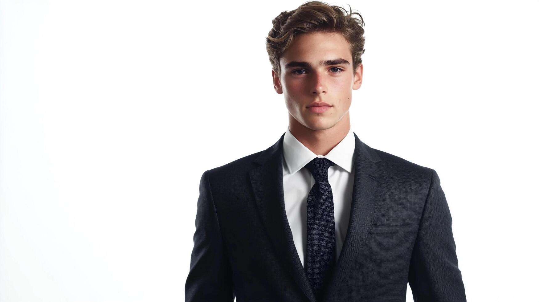 A confident young businessman looking forward in a suit with a white background, wearing a dark suit and tie. Clean professional look. photo