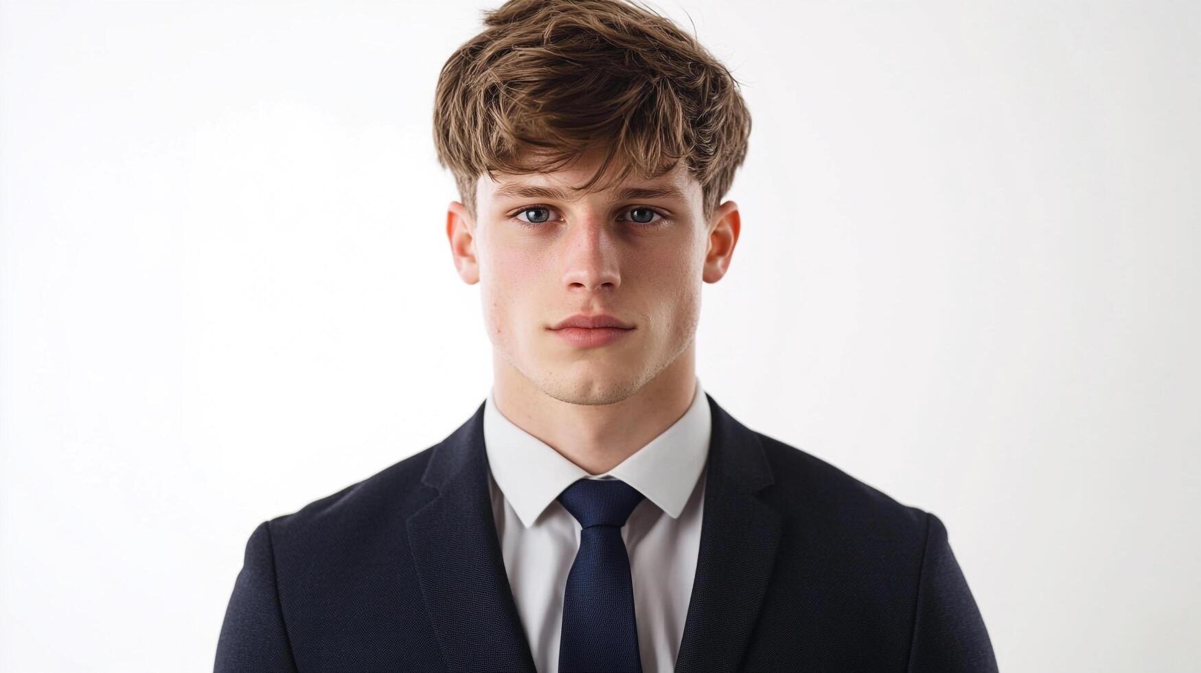 Portrait of a handsome young man with blue eyes, wearing a suit and tie against a bright white background, looking directly at the camera. photo