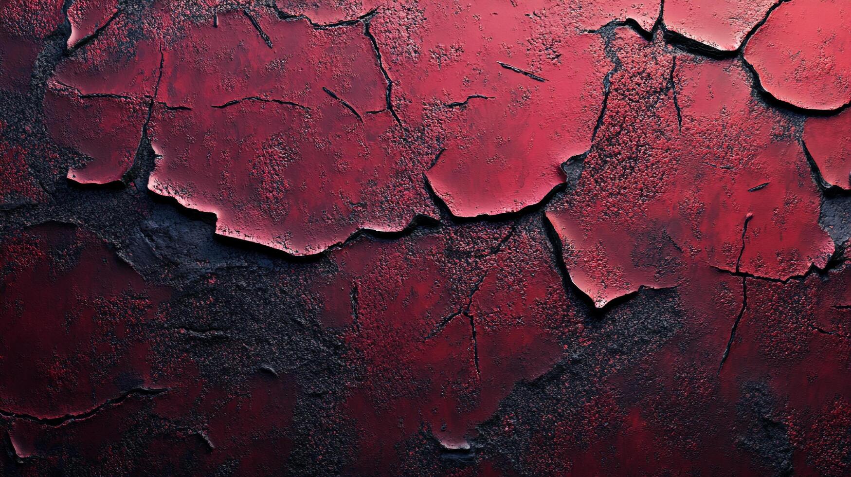 Fragmented surface in deep red tones, revealing a textured composition of peeling layers and underlying darkness, evoking depth and decay. photo