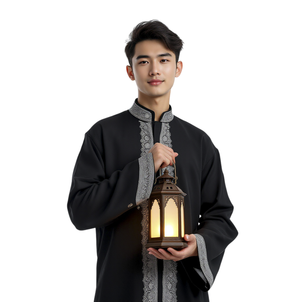 Young man in traditional clothing holding a lantern png