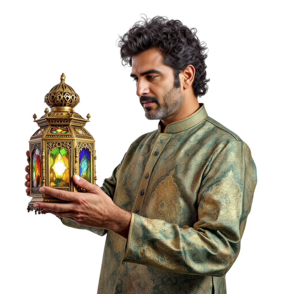 Man in traditional indian attire holding a lantern png
