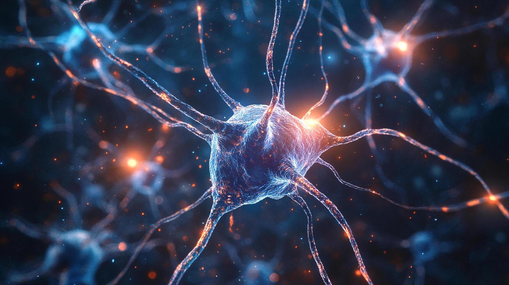Vibrant, abstract illustration showcasing a network of interconnected neurons, emitting light against a dark background. photo