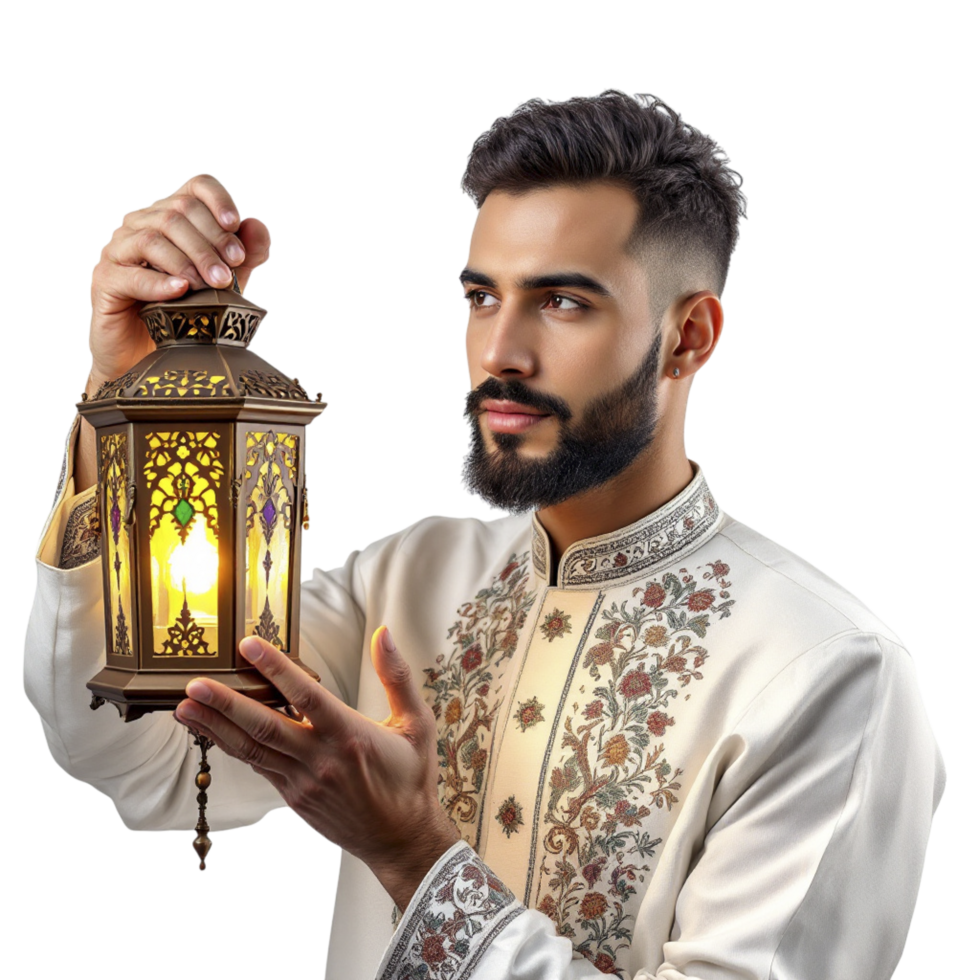 Man with beard holding a lamp png