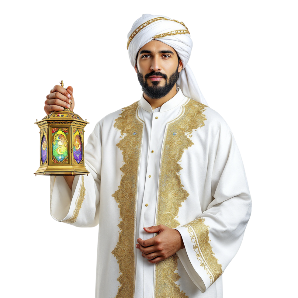 A man in a traditional arabic outfit holding a lantern png
