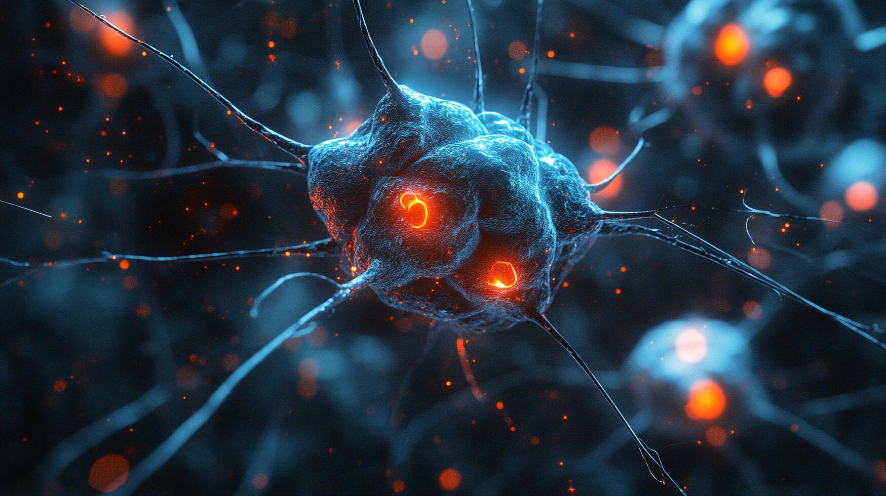 Detailed visualization of brain cell activity. Blue cell body with orange light shows neural transmission with axons and dendrites. photo