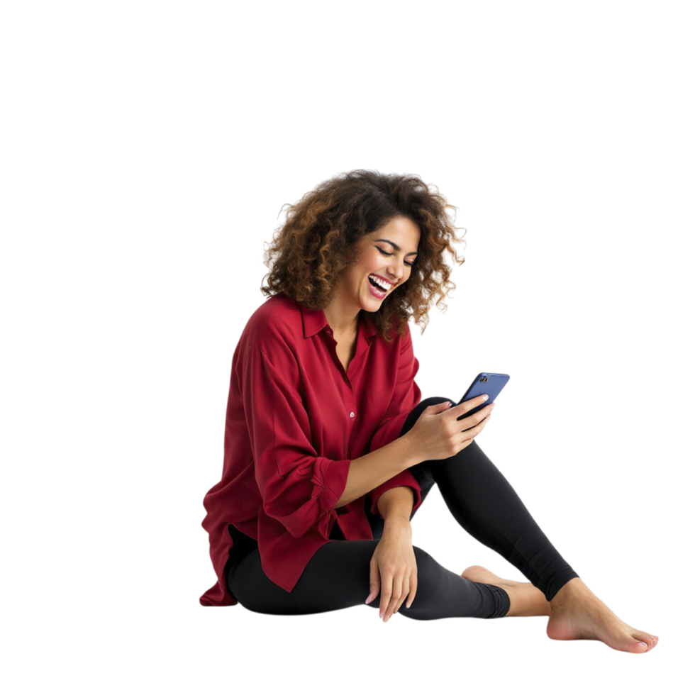 A woman sitting on the floor with her phone png