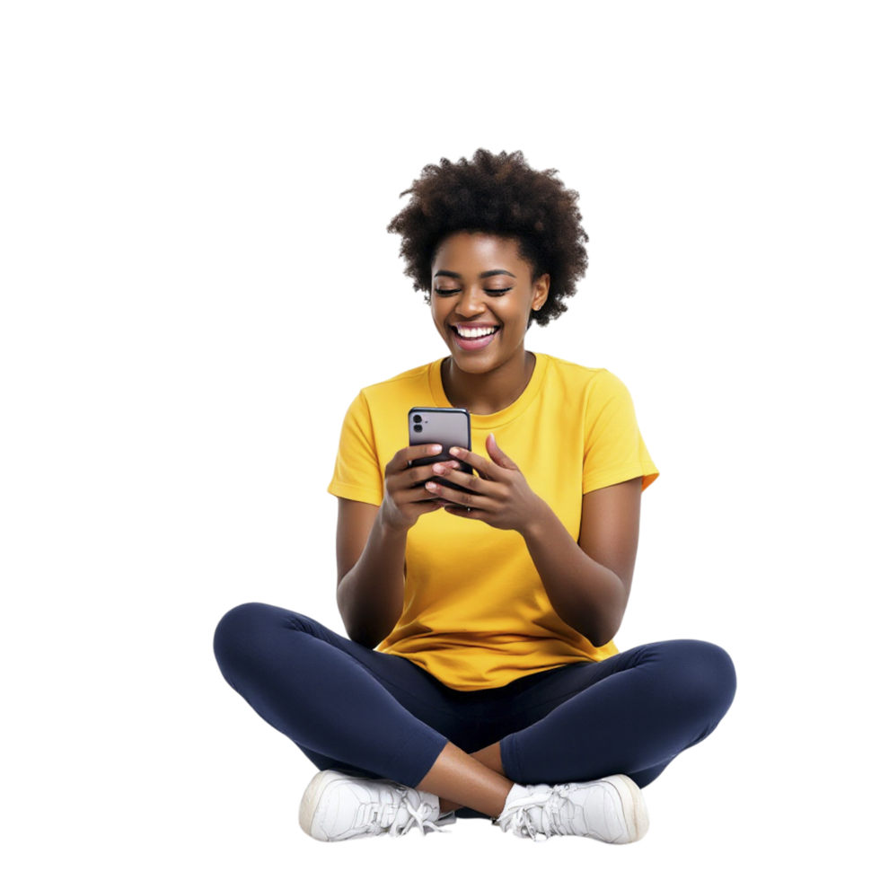 A woman in a yellow shirt is sitting on the floor and using her phone png