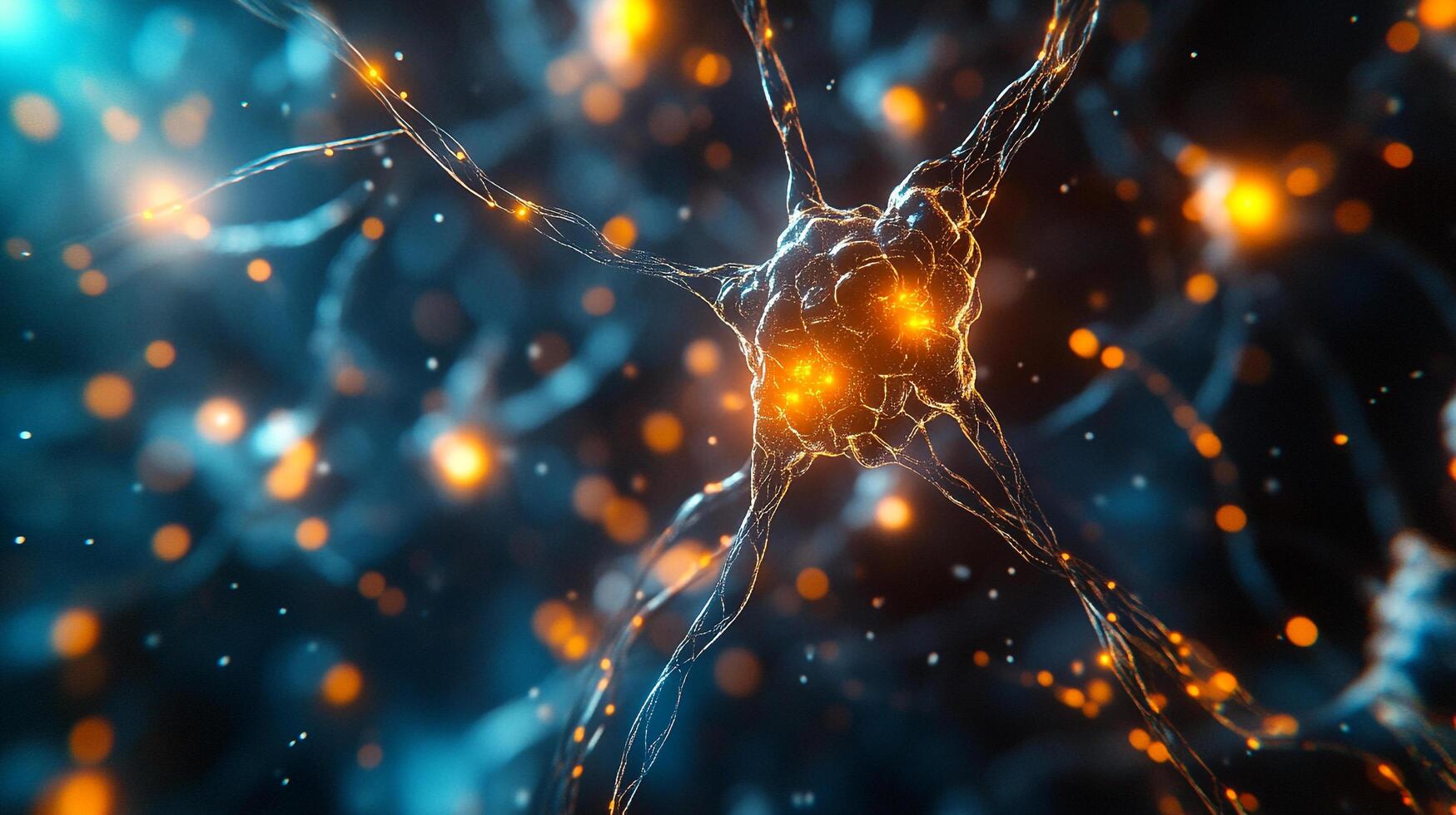 Abstract neuron cell illustration with glowing light. Illustrates complex biological or network connection concept. photo