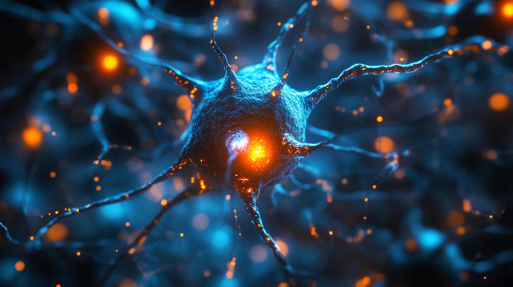 Close-up of a detailed neuron network in shades of blue and orange, illuminated by the firing synapses, highlighting brain function. photo
