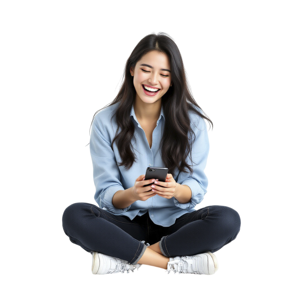 A woman sitting on the floor with her phone png
