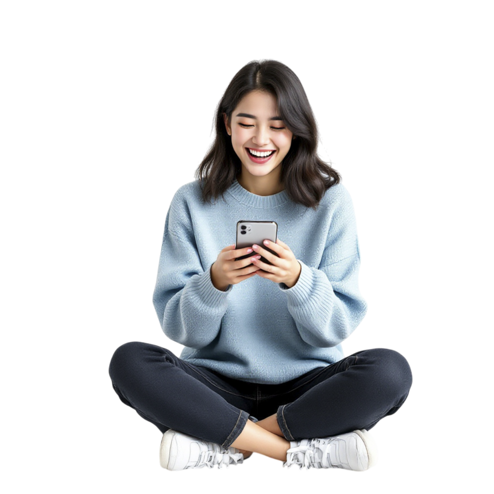 A woman sitting on the floor with her phone png