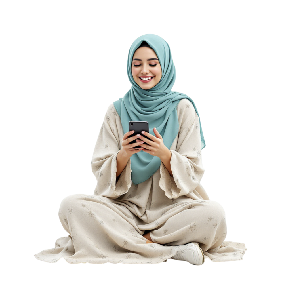 A beautiful muslim woman in hijab sitting on the floor and using her phone png