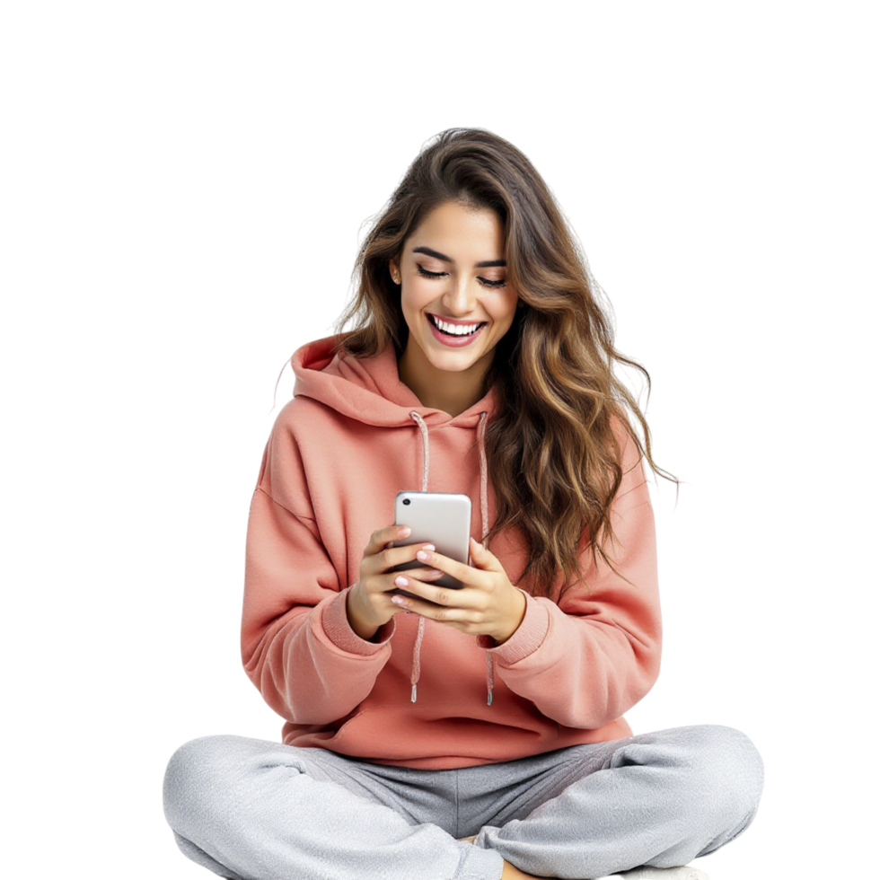A woman in a pink hoodie is sitting on the floor and using her phone png