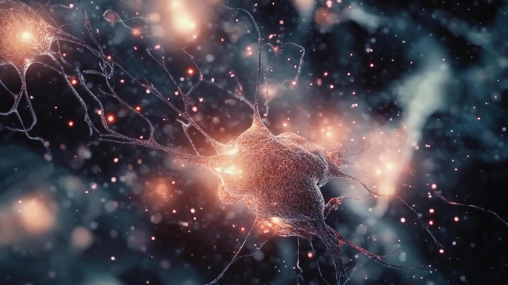 Detailed microscopic view of neuron cells, capturing their intricate connections and luminous activity in a vast, starry expanse. photo