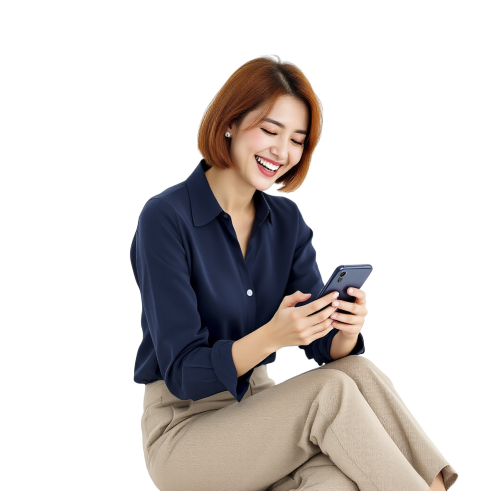 A woman sitting on the floor and using her phone png