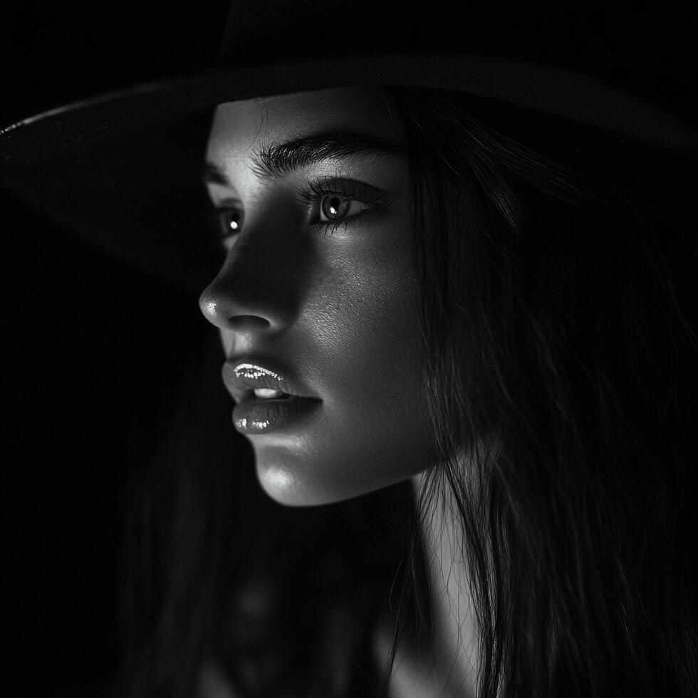 Elegant portrait of a woman in a hat. Monochrome image highlights her features and expressive gaze. Moody lighting adds depth. photo
