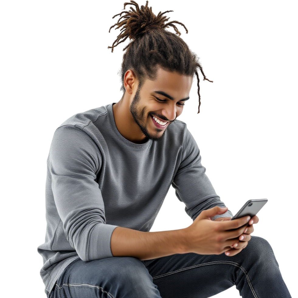 A man with dreadlocks is sitting on the floor and using his phone png