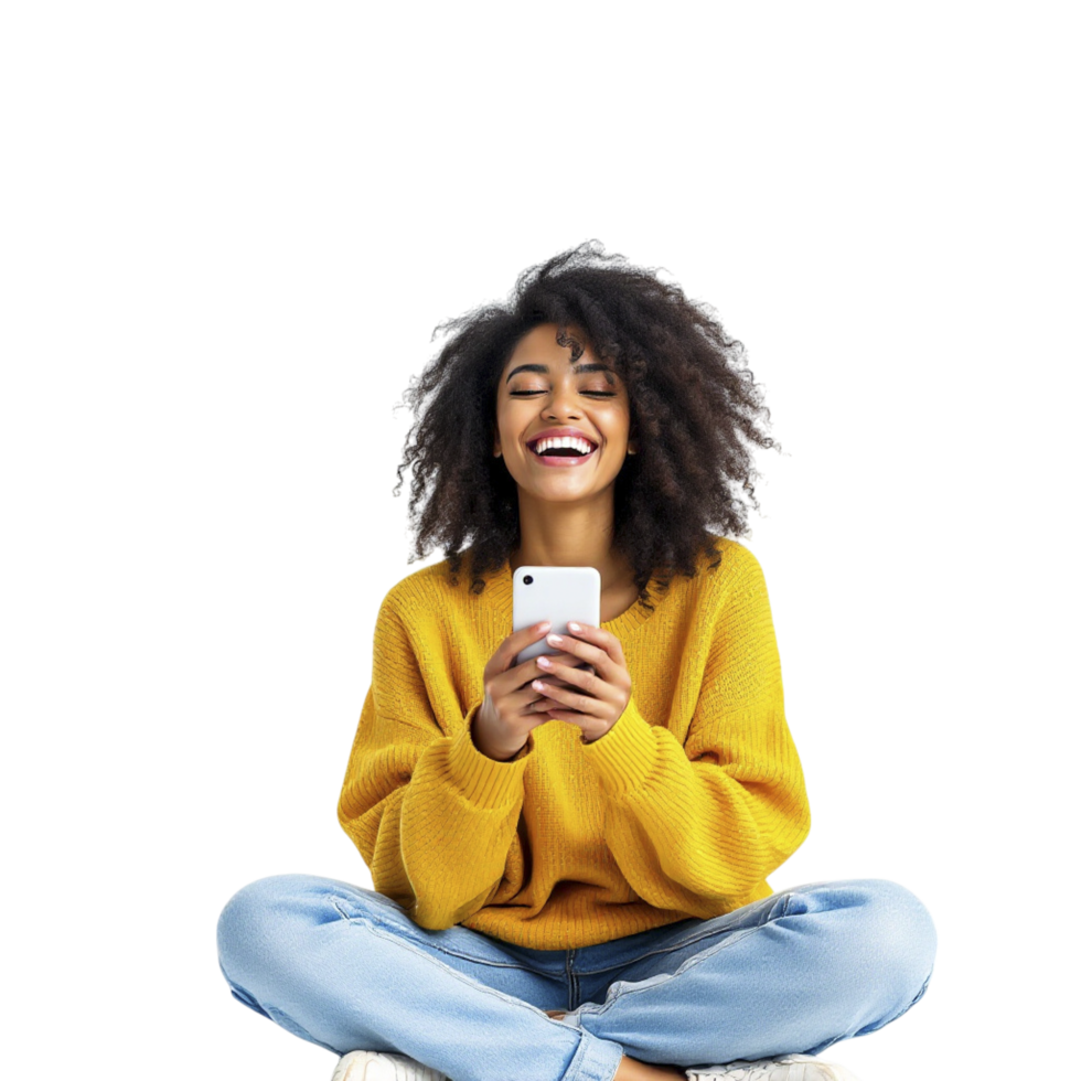 A woman sitting on the floor with her phone png
