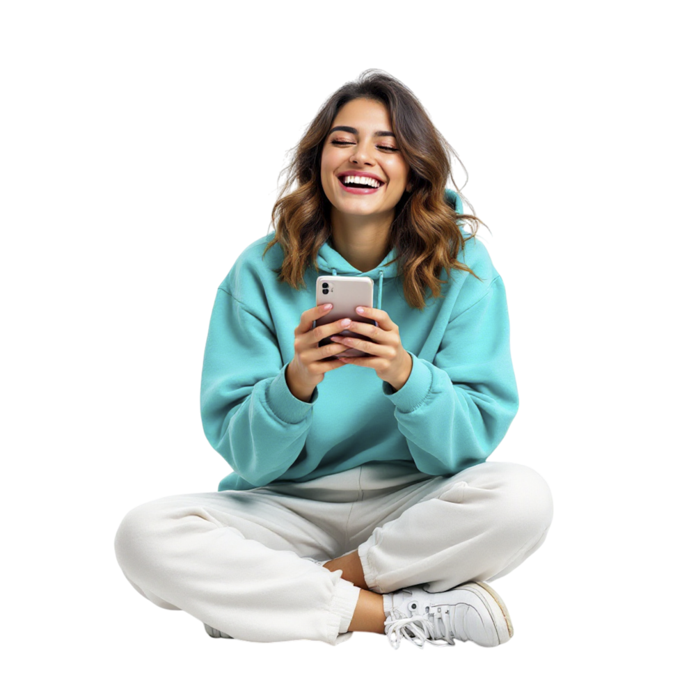 A woman in a blue sweatshirt is sitting on the floor and holding her phone png