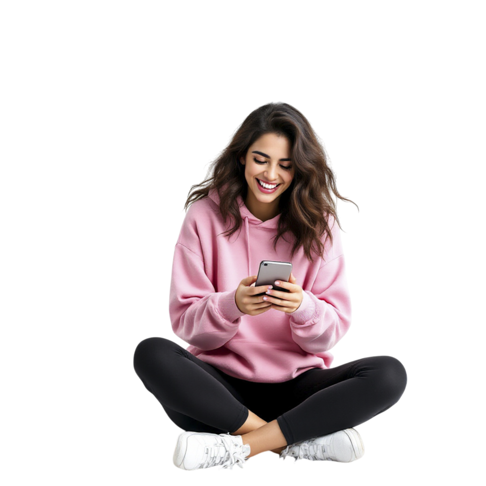 A woman in a pink sweatshirt is sitting on the floor and using her phone png