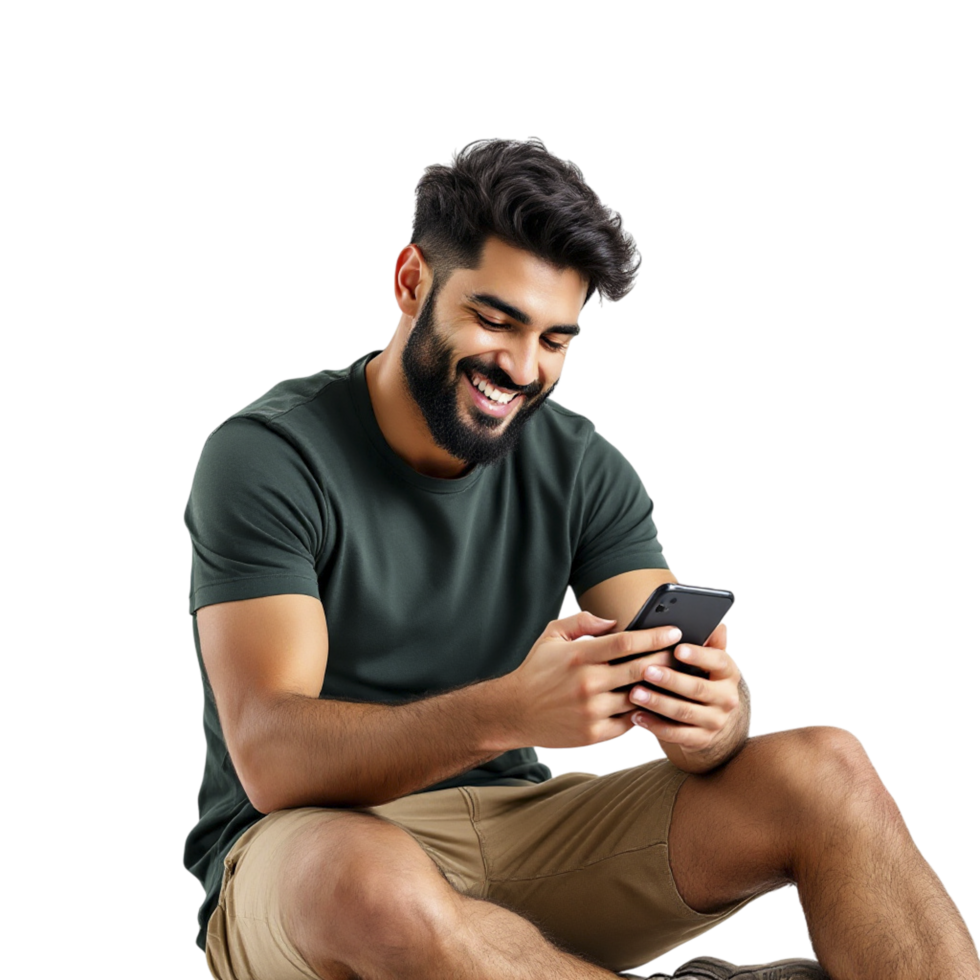 A man with a beard sitting on the floor and using his phone png