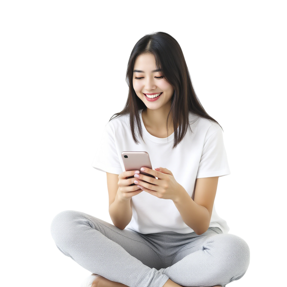 Asian woman sitting on the floor using her phone png