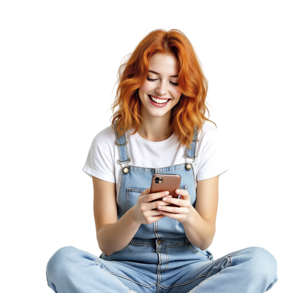 A woman with red hair sitting on the floor and holding a cell phone png