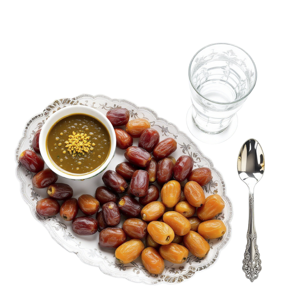 A plate with dates and a spoon next to a glass of water png