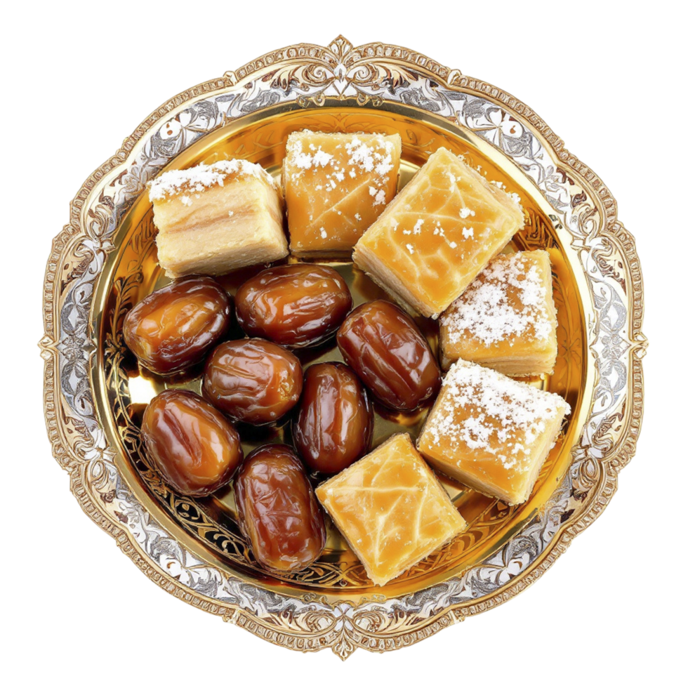 A plate with dates, nuts and other sweets png