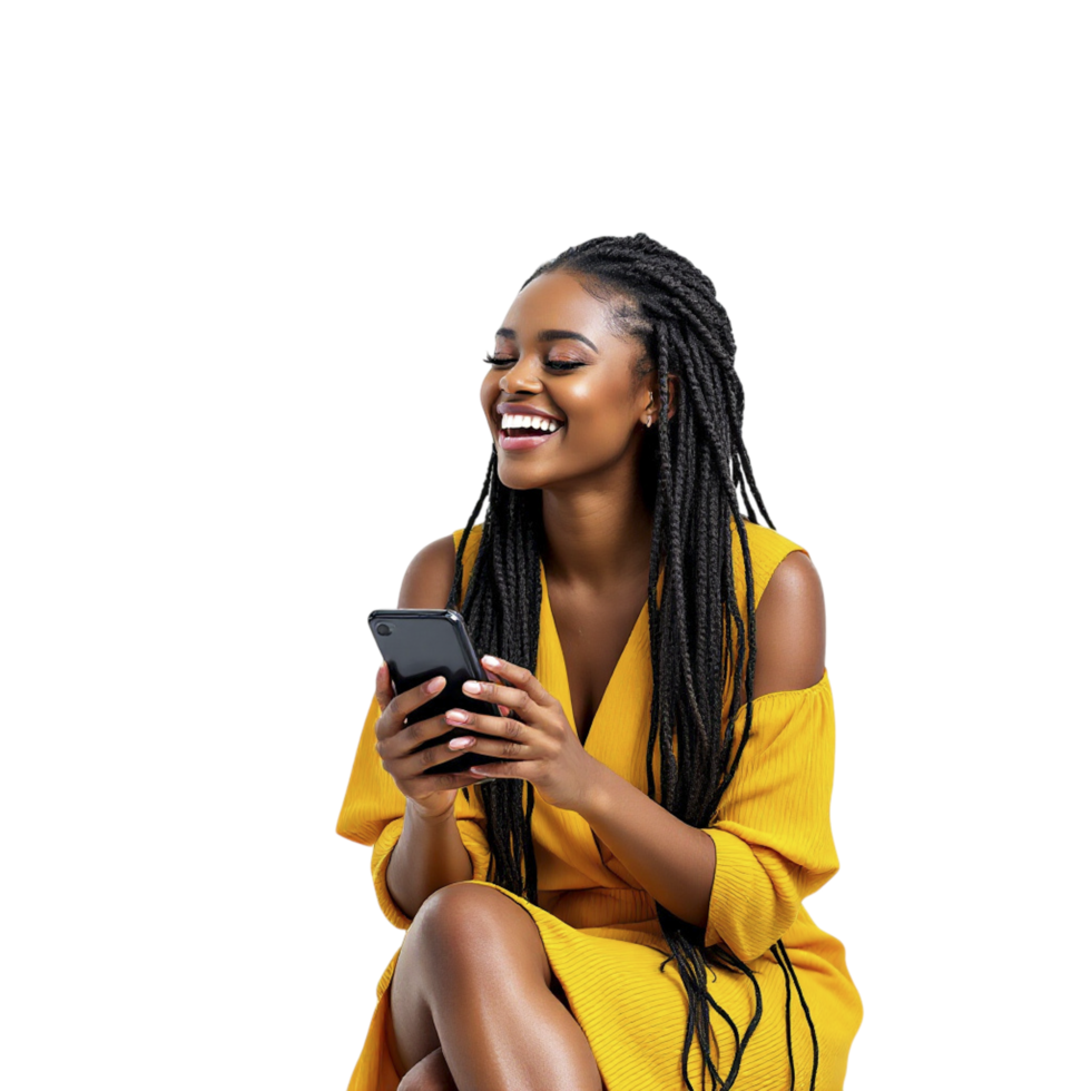 A woman in a yellow dress is smiling while using her phone png