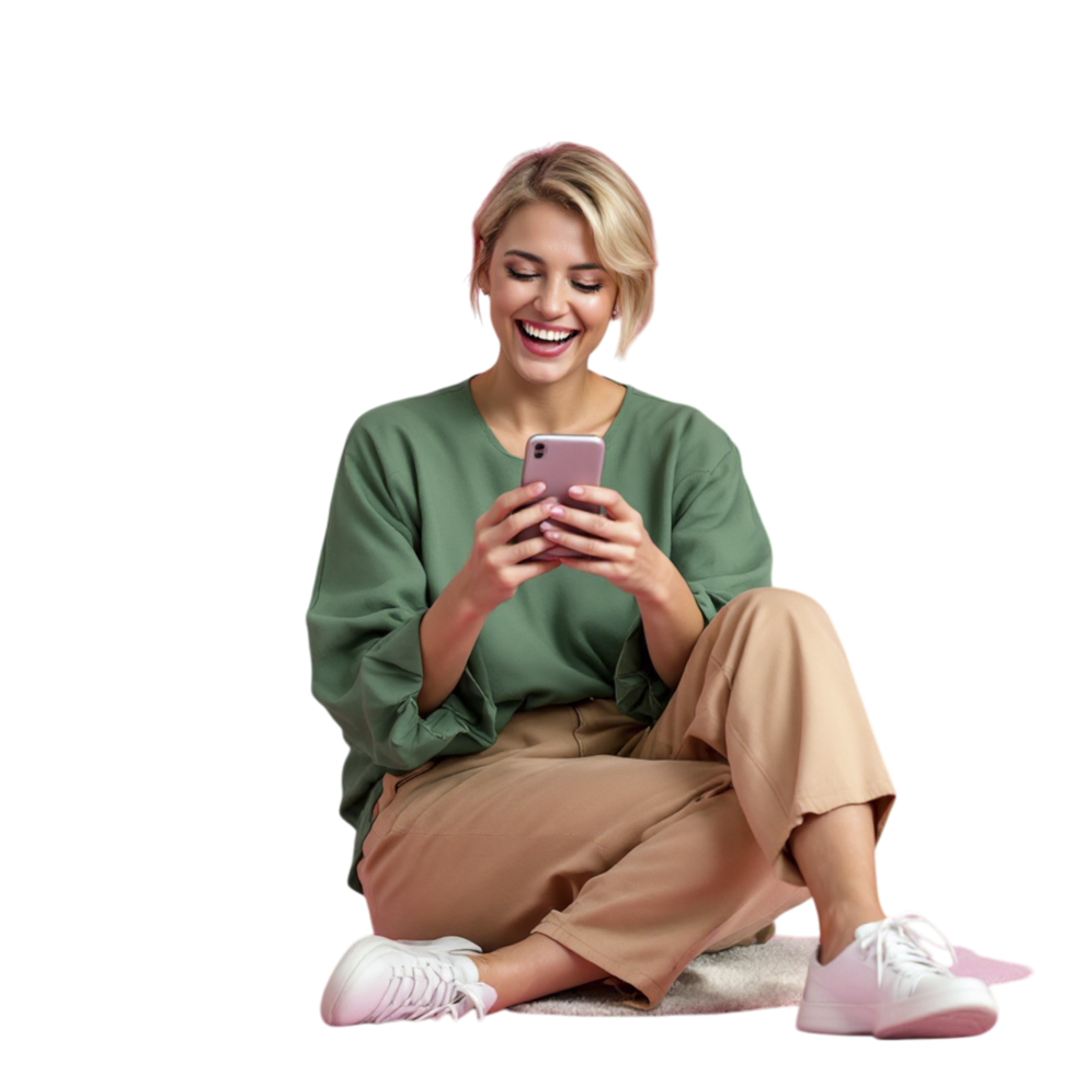 A woman sitting on the floor with her phone png