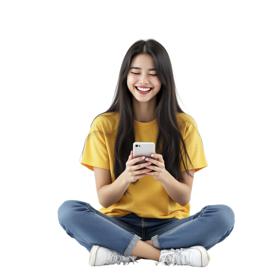 A woman sitting on the floor with her phone png