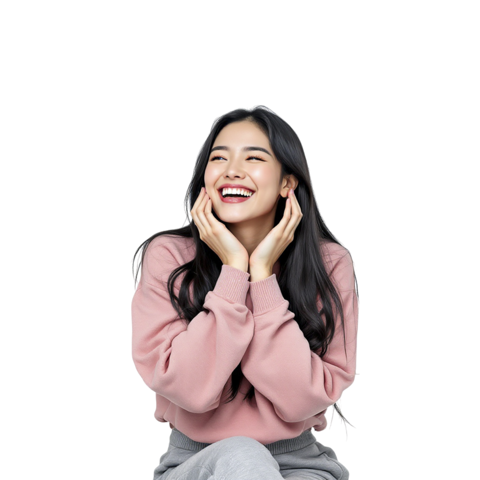 A woman laughing while sitting on the floor png