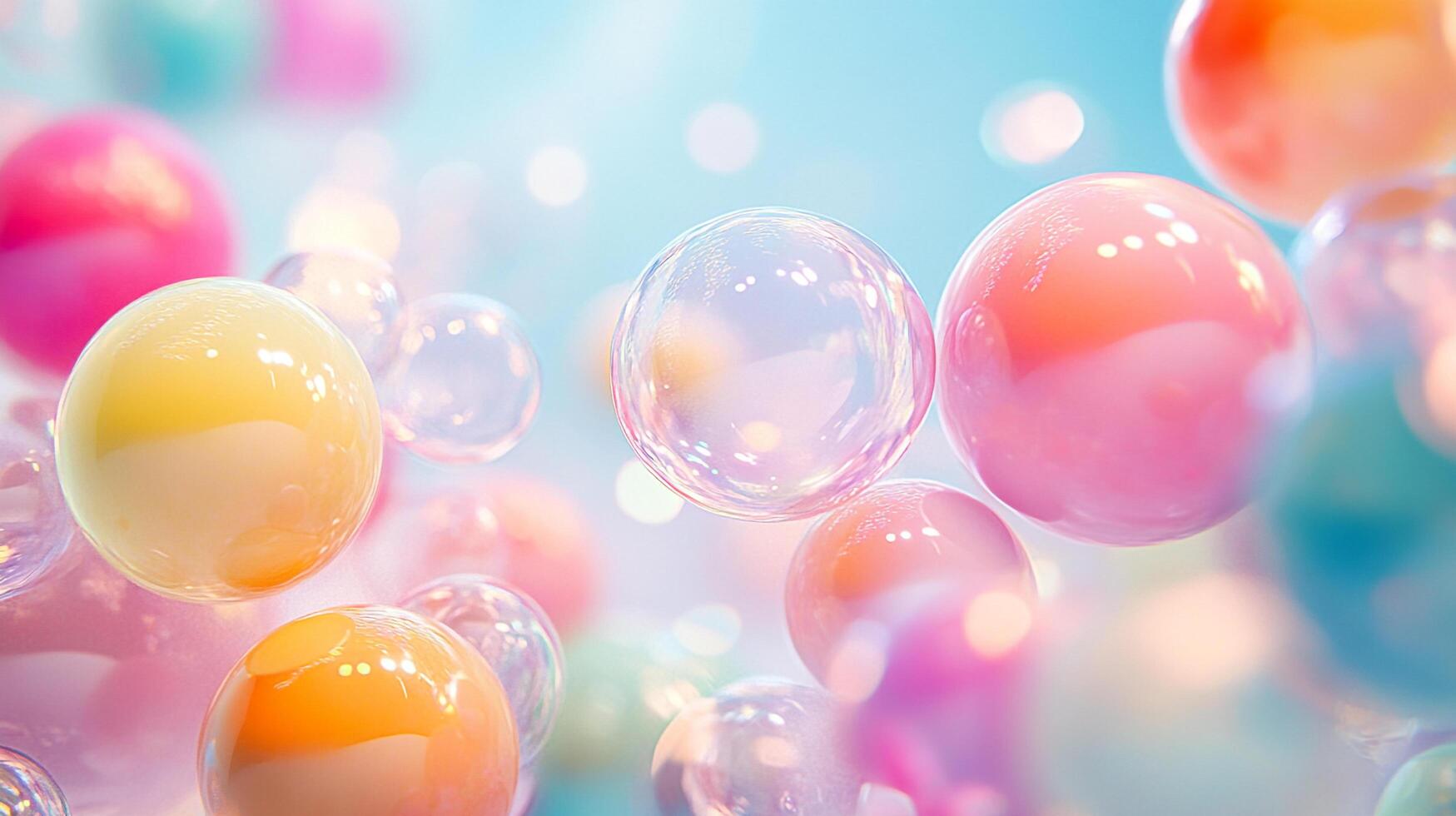 Floating, vibrant spheres create a whimsical, dreamy atmosphere, evoking joy and playfulness with their iridescent colors and light interplay. photo
