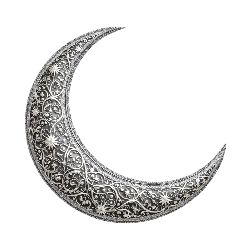 A silver crescent with intricate designs on it png