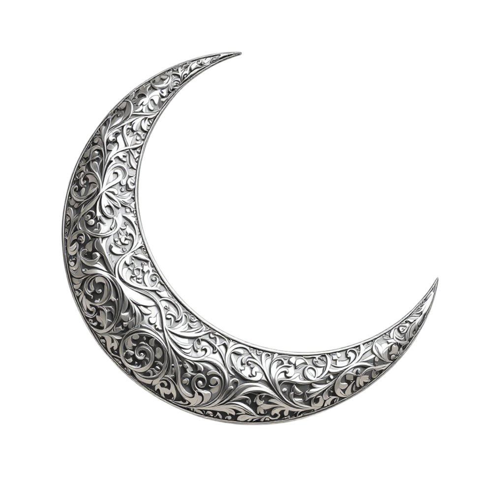 A silver crescent with intricate designs on it png