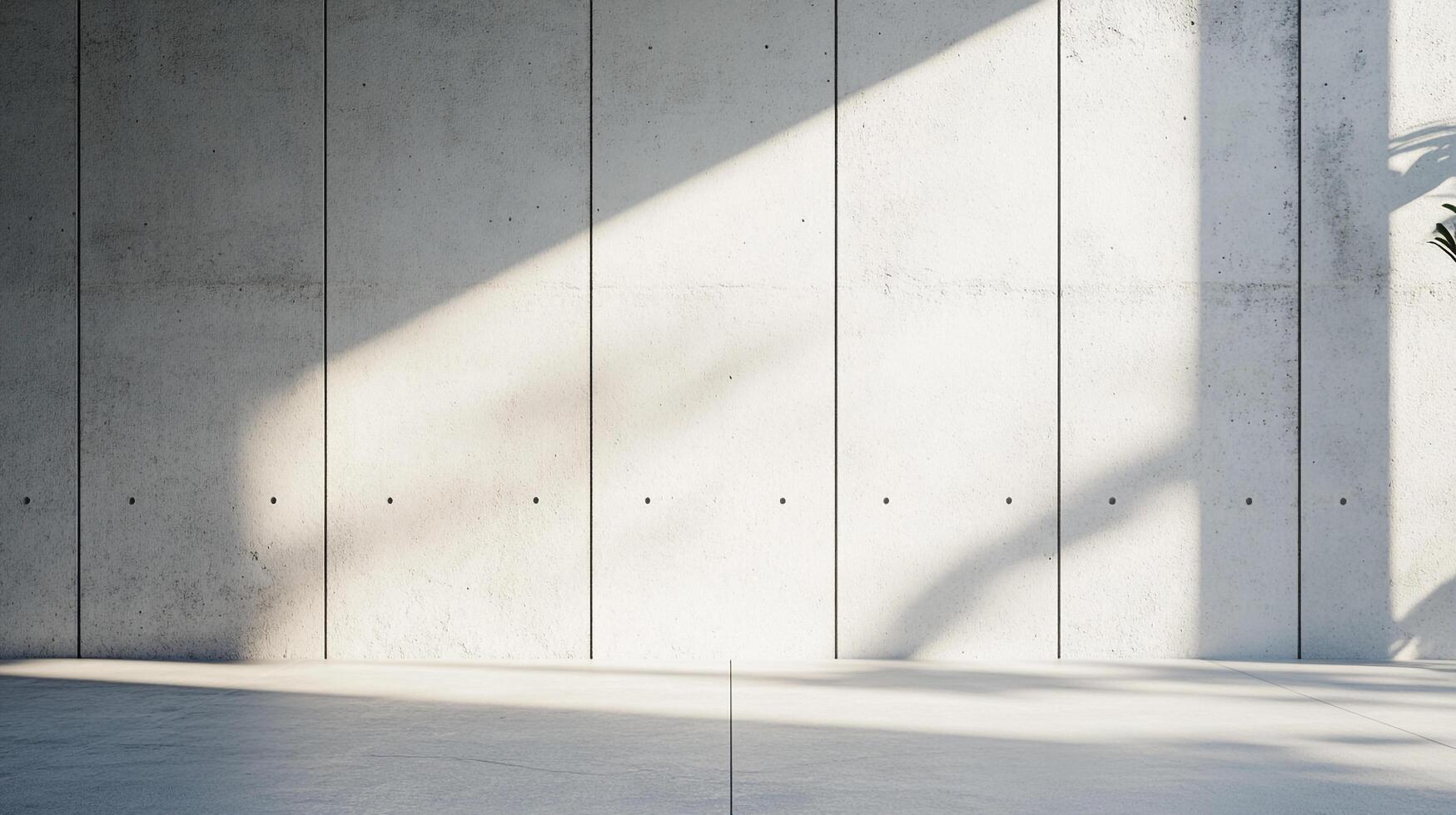 Modern concrete wall illuminated by natural light, creating a minimalist and serene atmosphere in a spacious room. Simplicity and serenity photo
