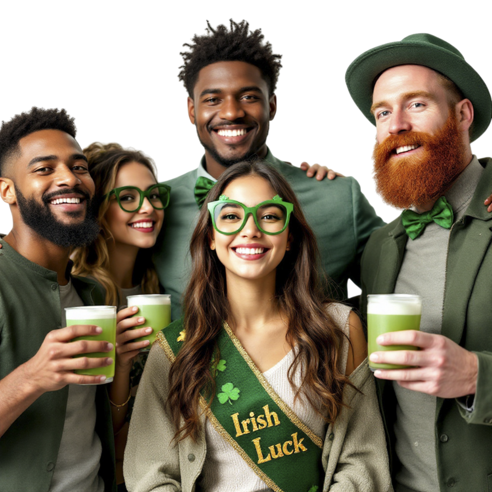 A group of people wearing green and holding drinks png