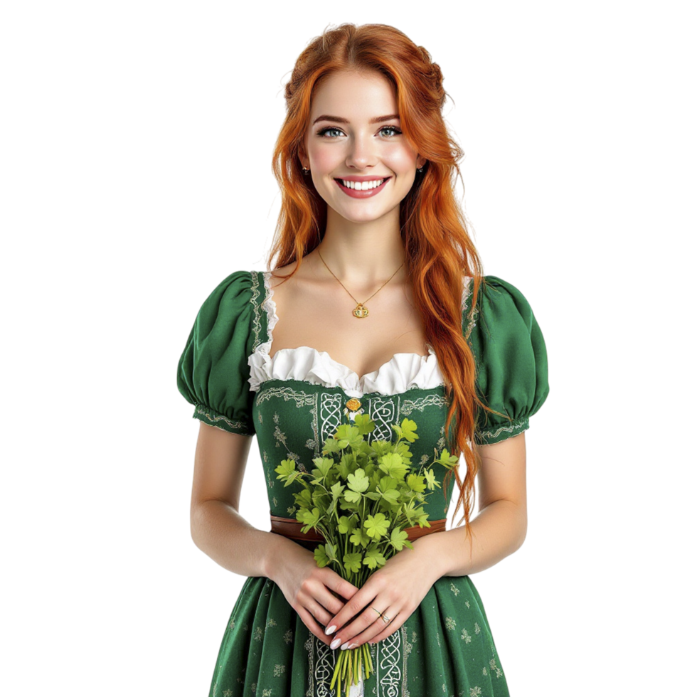 A beautiful redhead woman in a green dress holding a bunch of shamrocks png