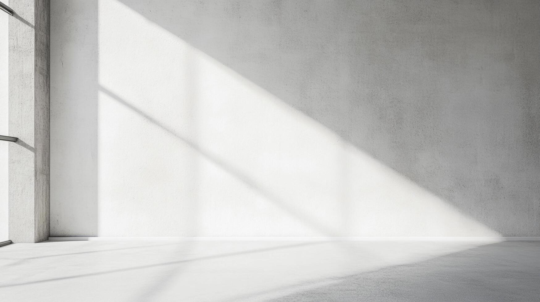 Minimalist interior with concrete wall and floor illuminated by soft sunlight creating a tranquil and bright architectural space. photo