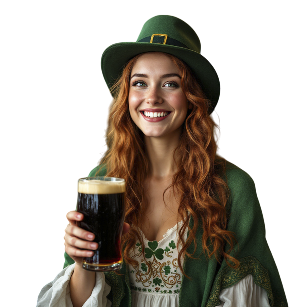 A woman in green holding a beer glass png