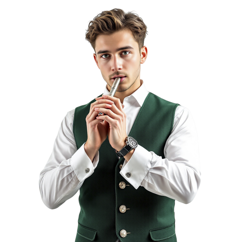 A man in a green vest and white shirt is holding a pipe png