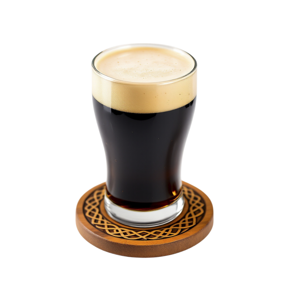 A glass of dark beer on a wooden coaster png