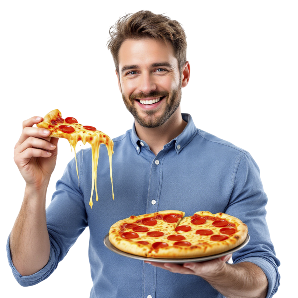 A man holding a pizza with cheese and pepperoni png