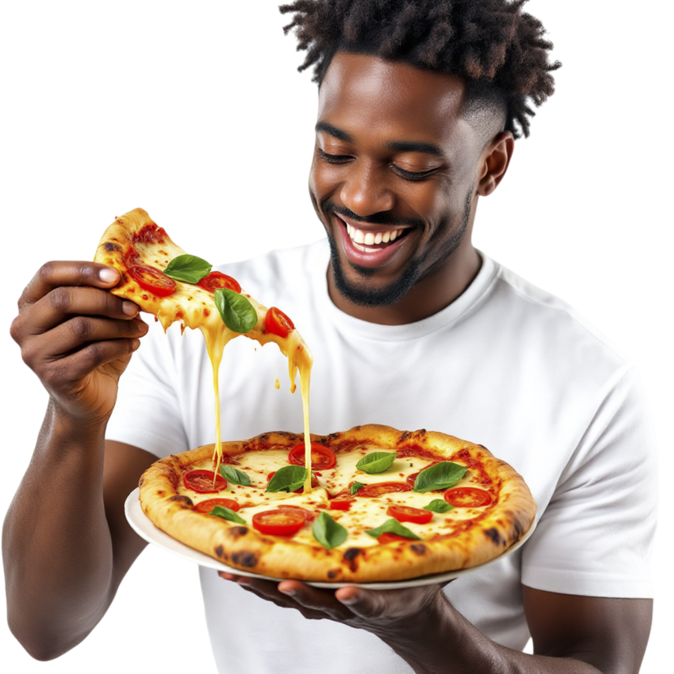 A man holding a pizza with cheese and basil png