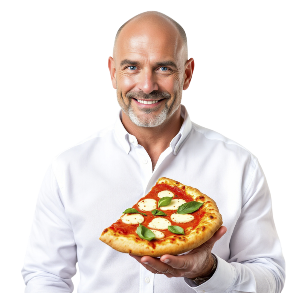 A bald man holding a pizza with basil and cheese png