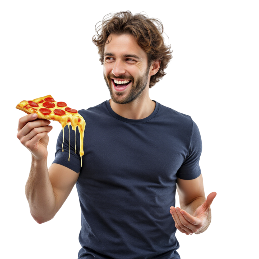 A man holding a piece of pizza in his hand png