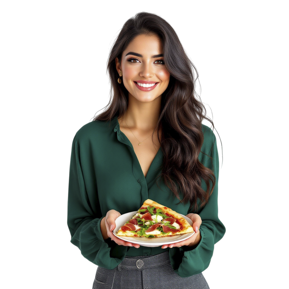 A woman holding a pizza in her hands png