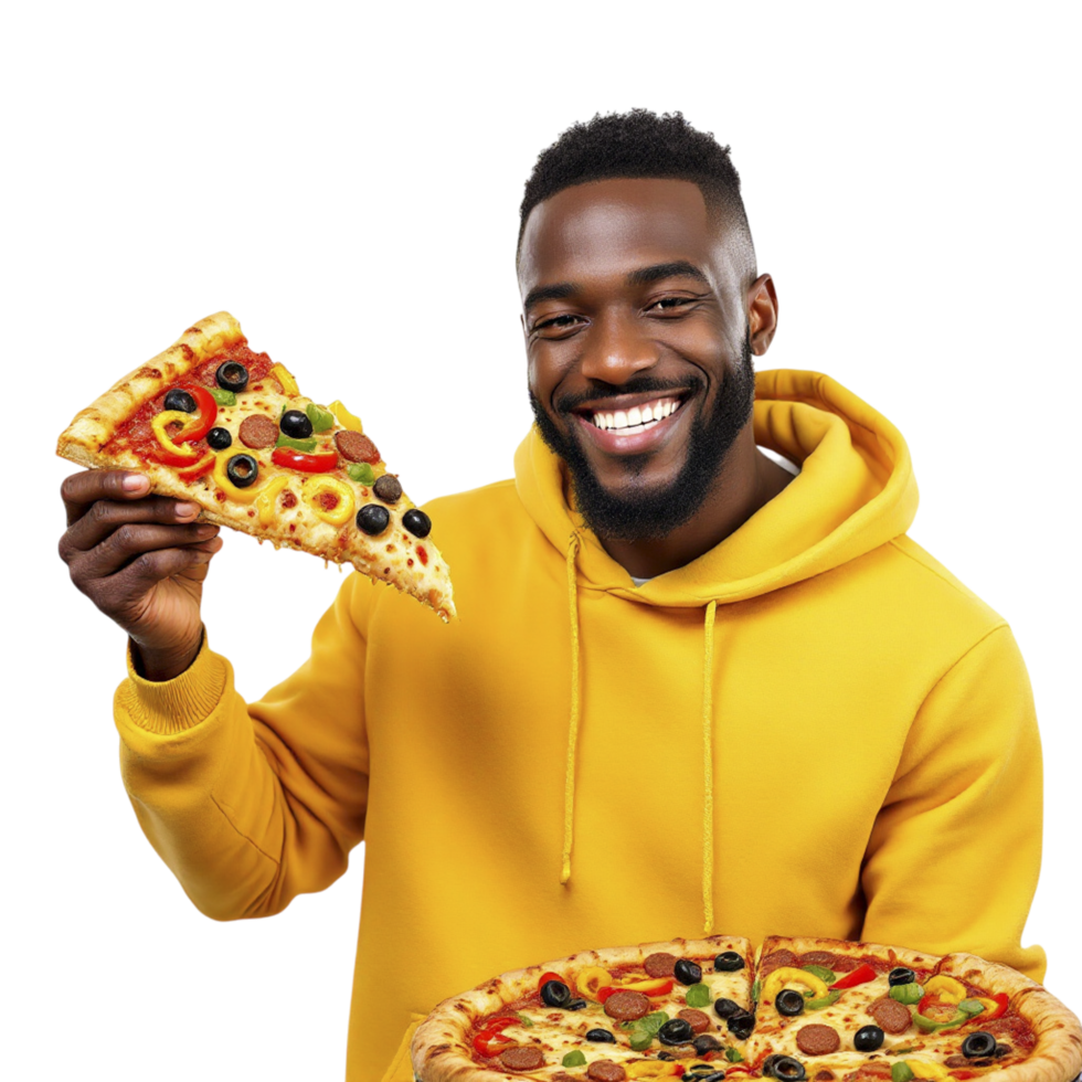 A man in a yellow hoodie holding two slices of pizza png