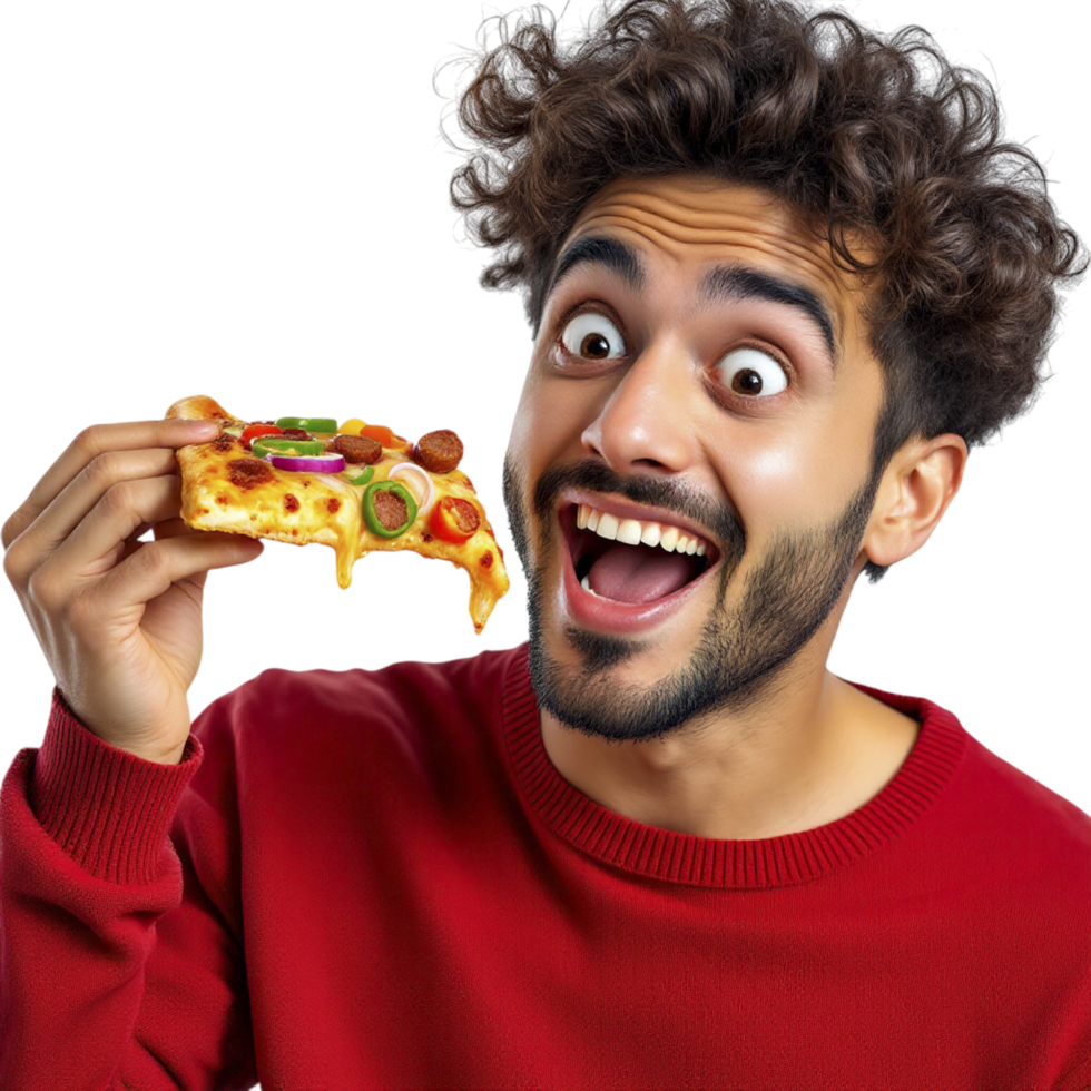 A man is holding a piece of pizza png